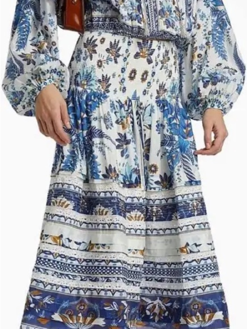FARM Rio Ana Tapestry Blue & White Floral Smocked Midi Skirt
